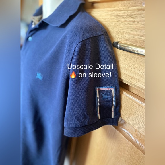 Mens BURBERRY Upscale Polo🐴Navy/ Nova Check Details & sleeve LOGO🔥20.5”p-p-MED - Picture 5 of 16